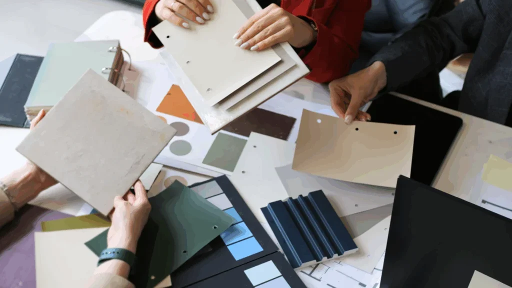 A group of people collaborating at a table covered with colorful papers and materials.