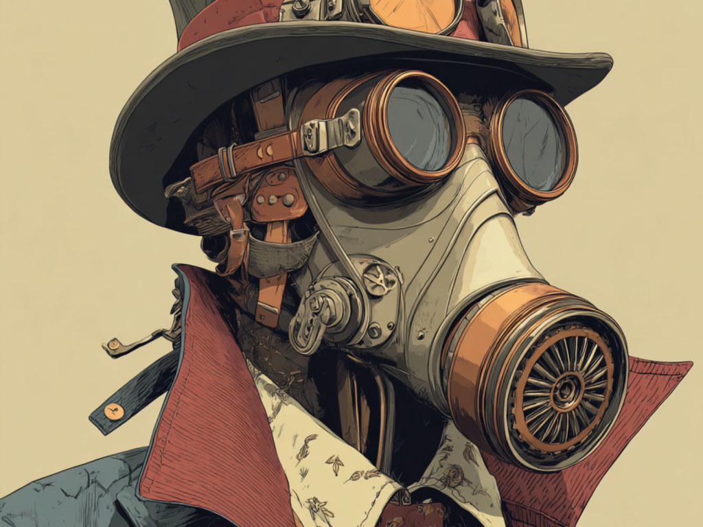 Steampunk man wearing a top hat and gas mask, showcasing a blend of vintage fashion and industrial aesthetics.
