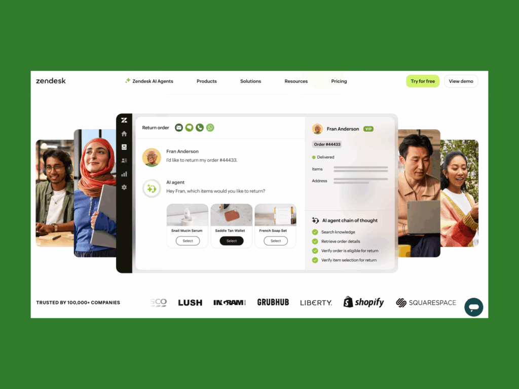 A screenshot of the landing page of the Zendesk landing page.