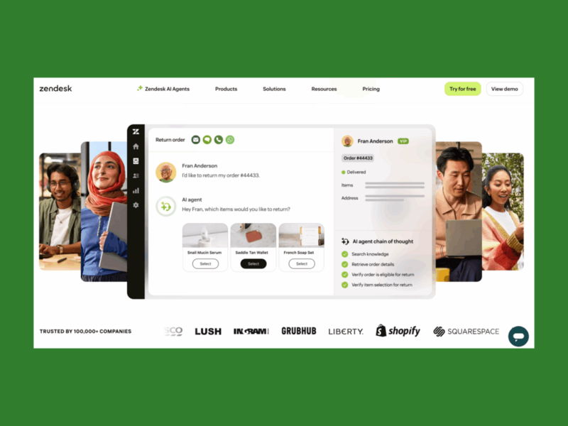 A screenshot of the landing page of the Zendesk landing page.
