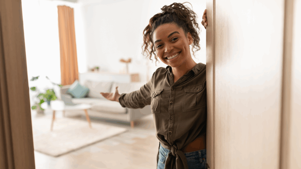 A smiling woman is welcoming guests into an apartment.