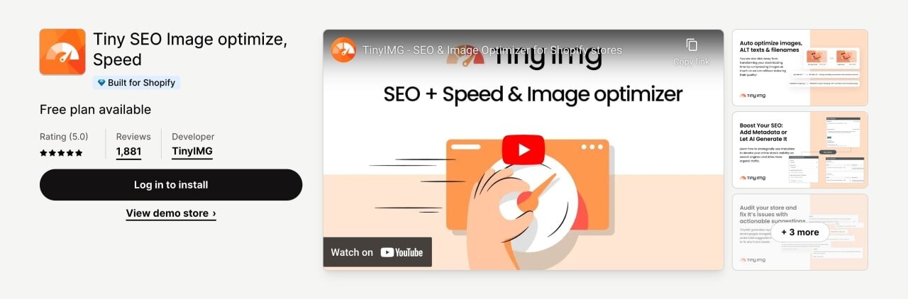 TinyIMG Shopify SEO app screenshot from the Shopify app store.