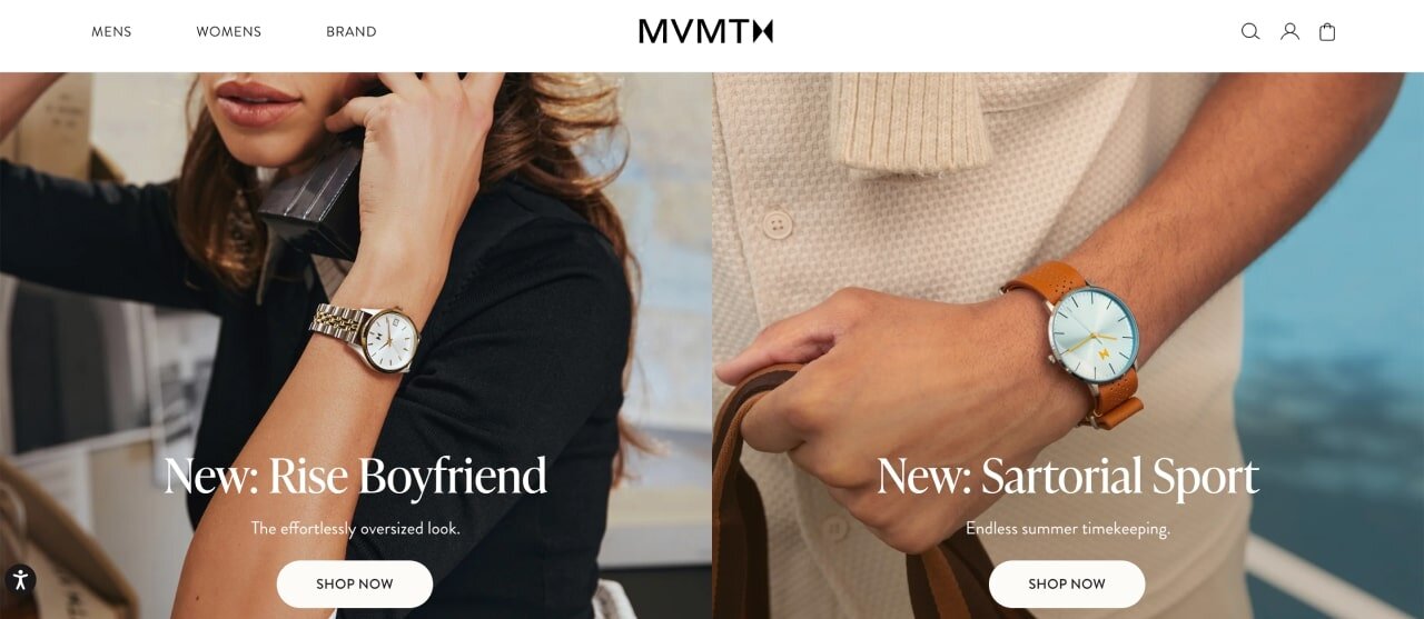The homepage of the MVMT Watches Shopify store