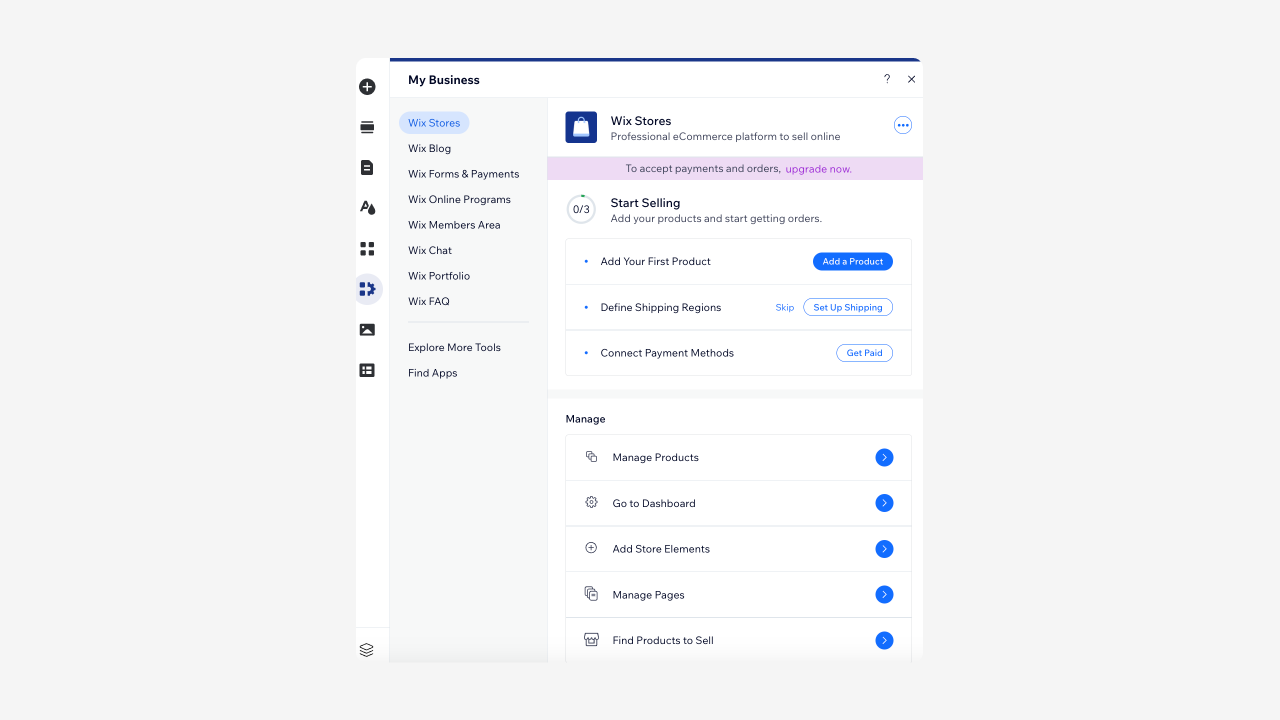 Wix editor - My business section, displaying menus for Stores, Blog, Forms & Payments, and more. 