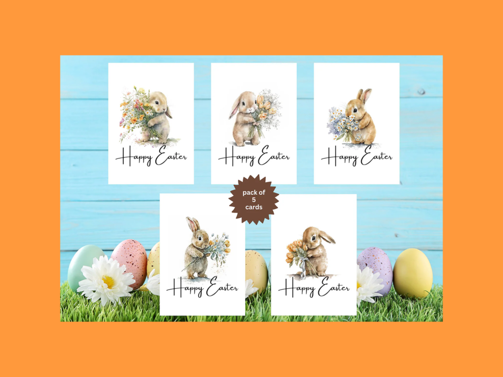 Easter-themed greeting cards with a text “happy easter” on them.