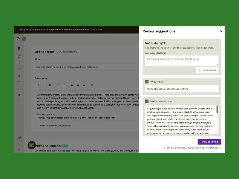 Printify’s AI listing suggestions panel showing a generated product title and description for a ghost-themed Halloween T-shirt, with an Apply to listing button.