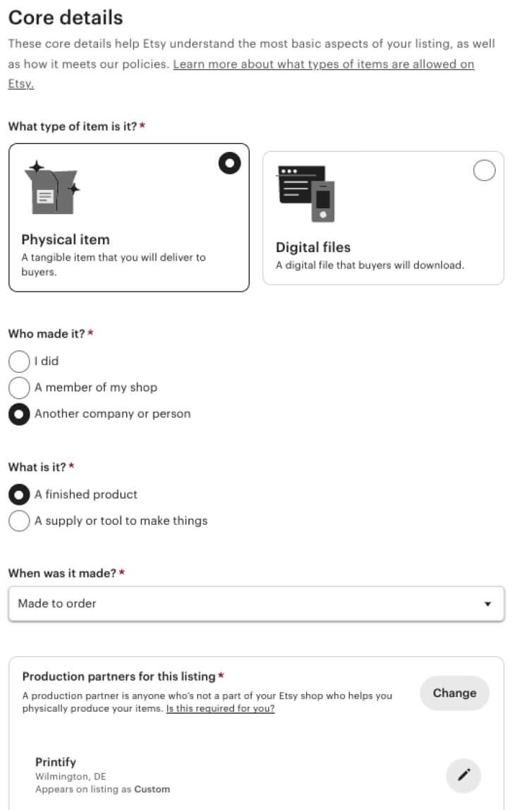 “Core details” section for products on Etsy, where one can add their production partner.