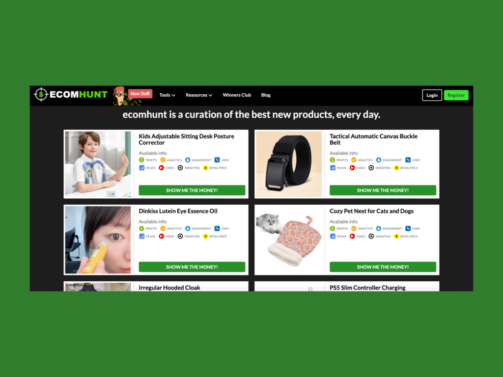 Screenshot of Ecomhunt homepage.