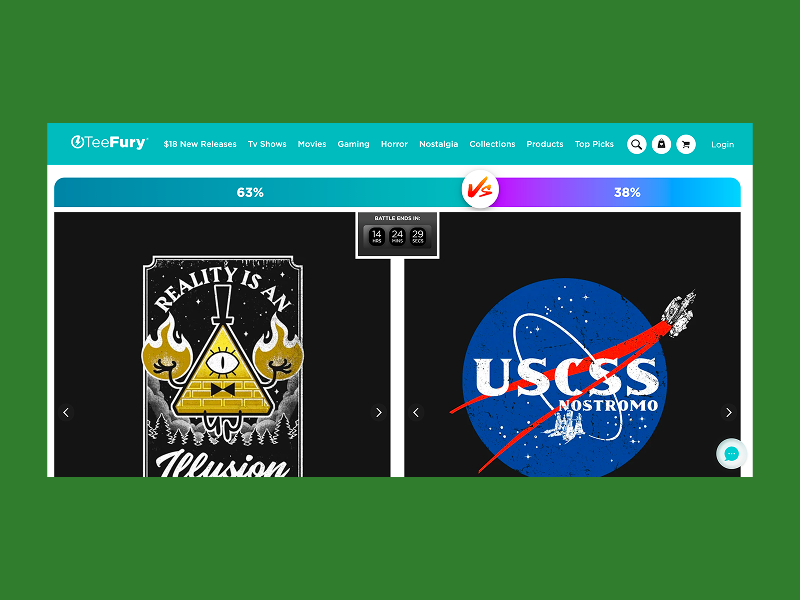 TeeFury homepage showing a T-shirt design battle.