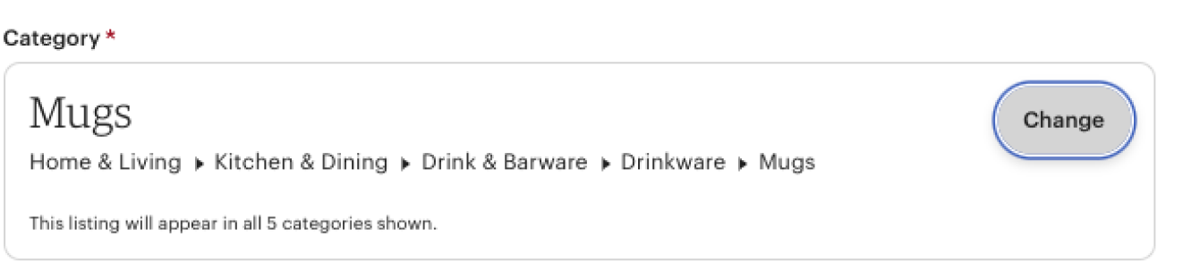 An example of Mug Category specifics on Etsy.