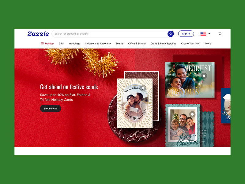 Zazzle homepage advertising custom holiday photo cards.