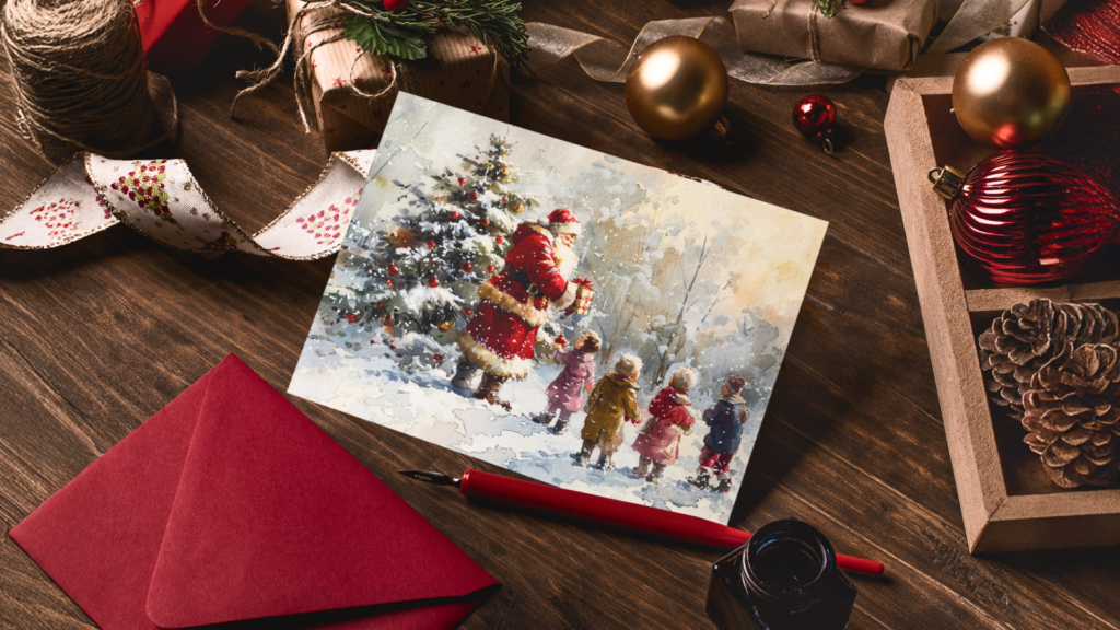 A Christmas card featuring Santa Claus and children by a tree lies on a wooden table, surrounded by red envelopes, ribbon, and ornaments.