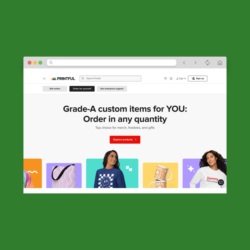 Printful homepage hero section screenshot mockup.