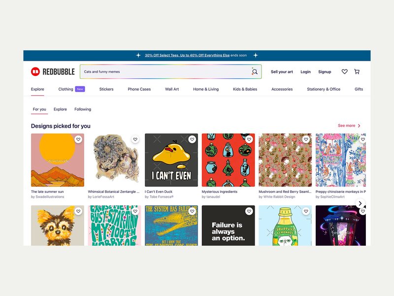 A screenshot of the Redbubble landing page.