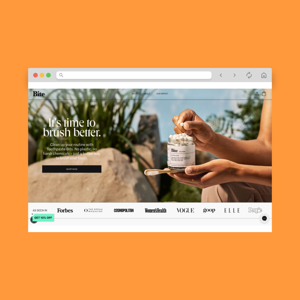 Bite Toothpaste Bits homepage hero section screenshot.