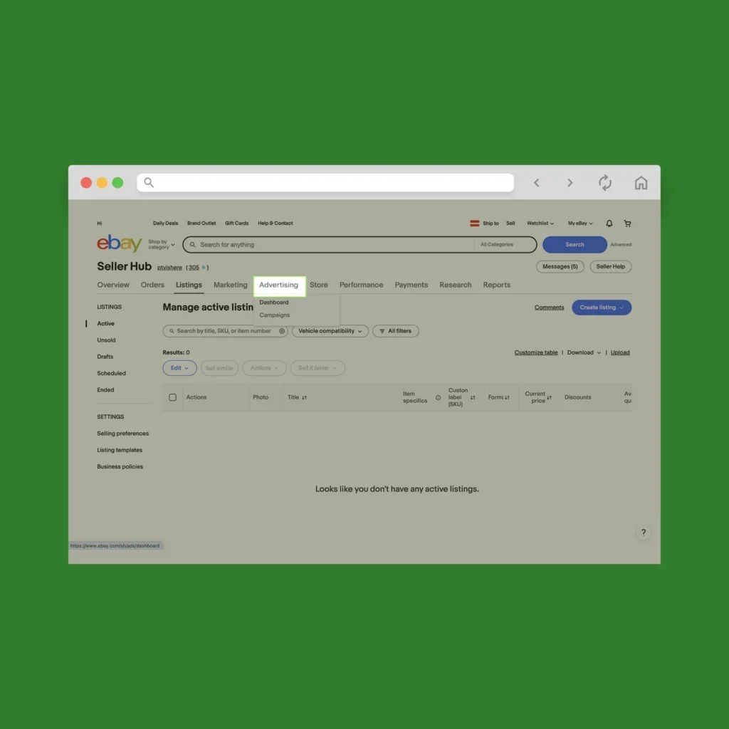 A screenshot showing eBay’s Seller Hub advertising tab.