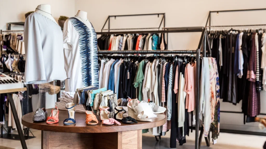 A clothing store interior featuring racks of clothes and a woman seated at a table, browsing through items.