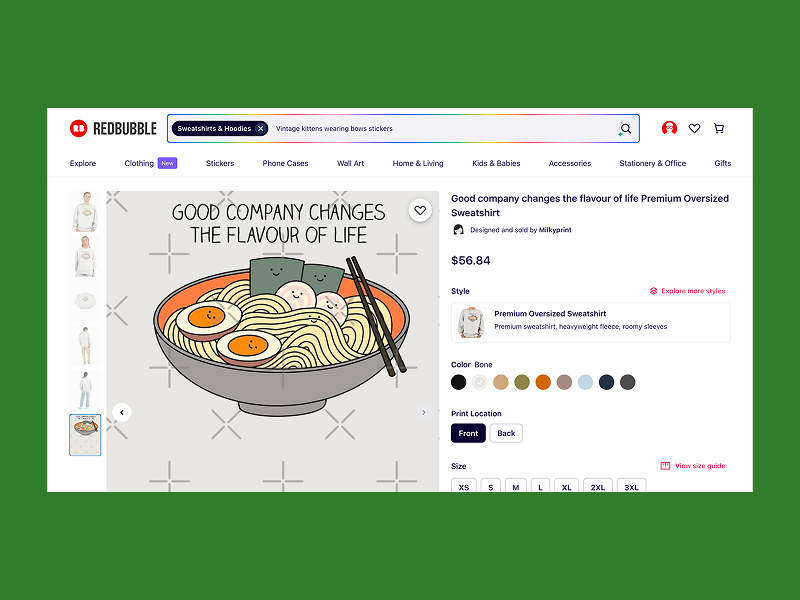 A cozy sweatshirt design features a bowl of ramen with eggs, tofu, and chopsticks, captioned "Good company changes the flavour of life."