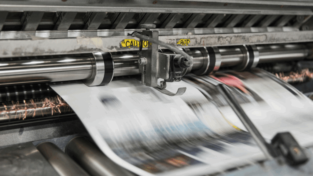 A newspaper is being printed on a large machine, with freshly printed pages rolling out in a production environment.