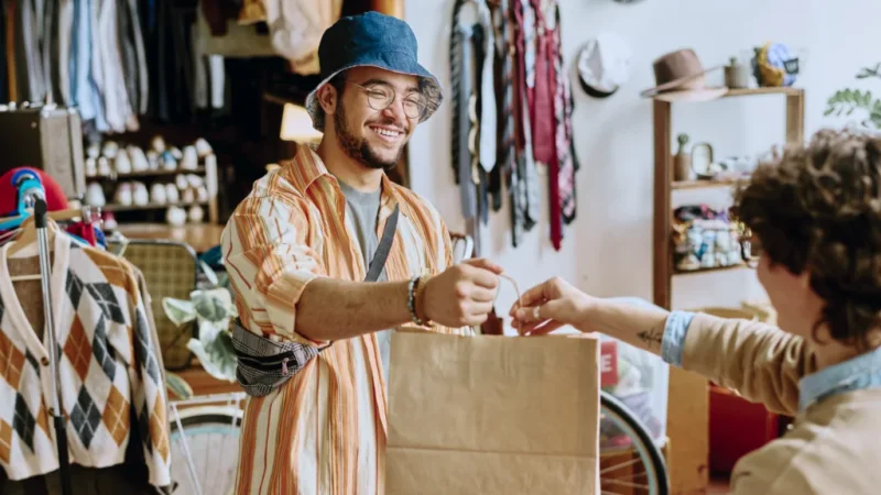 A smiling man in glasses and a denim bucket hat is buying clothes in a thrift store.