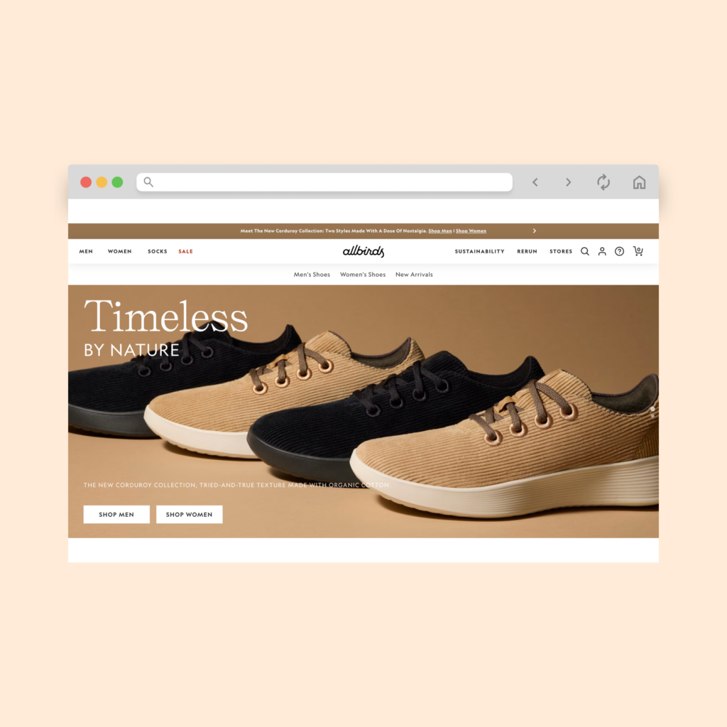 Allbirds homepage hero section screenshot.