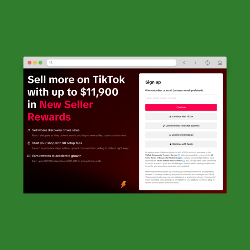 A screenshot mockup showing the TikTok Seller Center sign-up page.