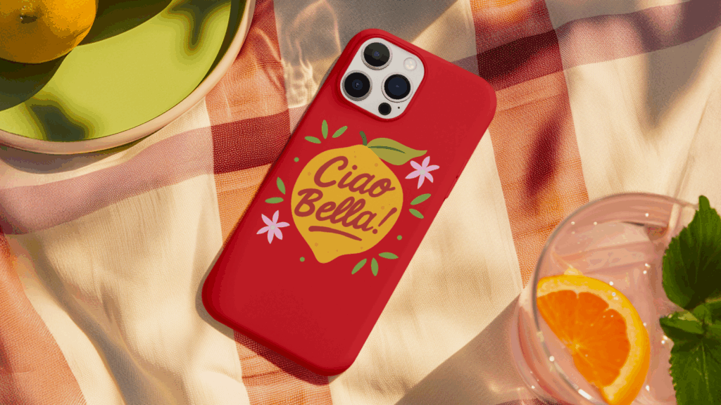 A custom red “Ciao Bella!” phone case.