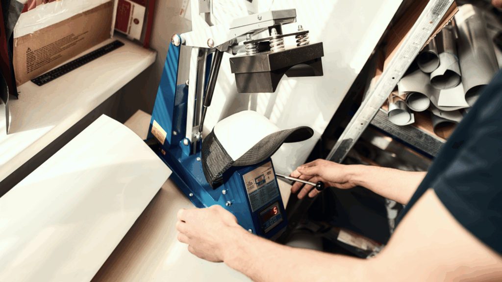 A man operates a printing machine to do a print on a hat.