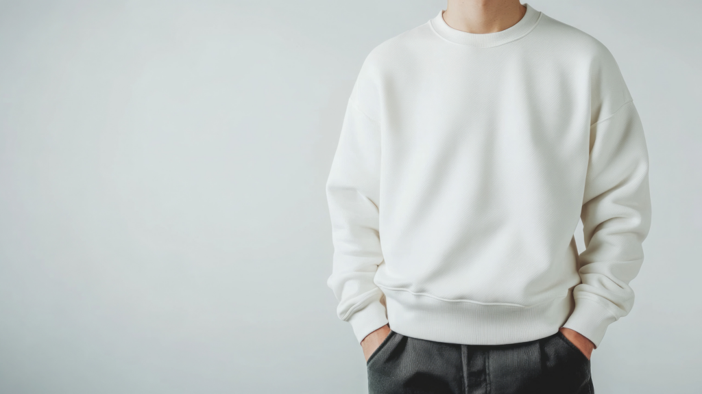 A man in a white sweatshirt and pants stands, his attire reflecting a simple and modern aesthetic.