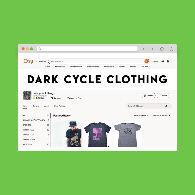 Dark Cycle Clothing storefront screenshot mockup.