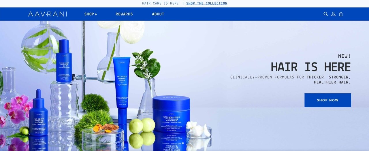 The homepage of the Aavrani Shopify store