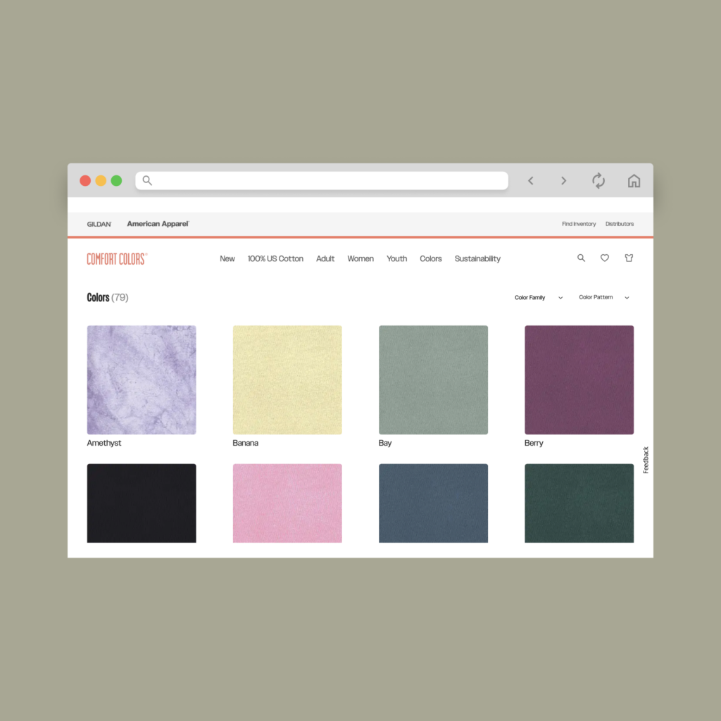 A screenshot of the Comfort Colors color chart page.