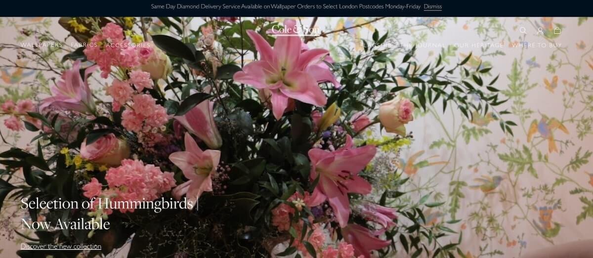 The homepage of the Cole & Son Shopify store