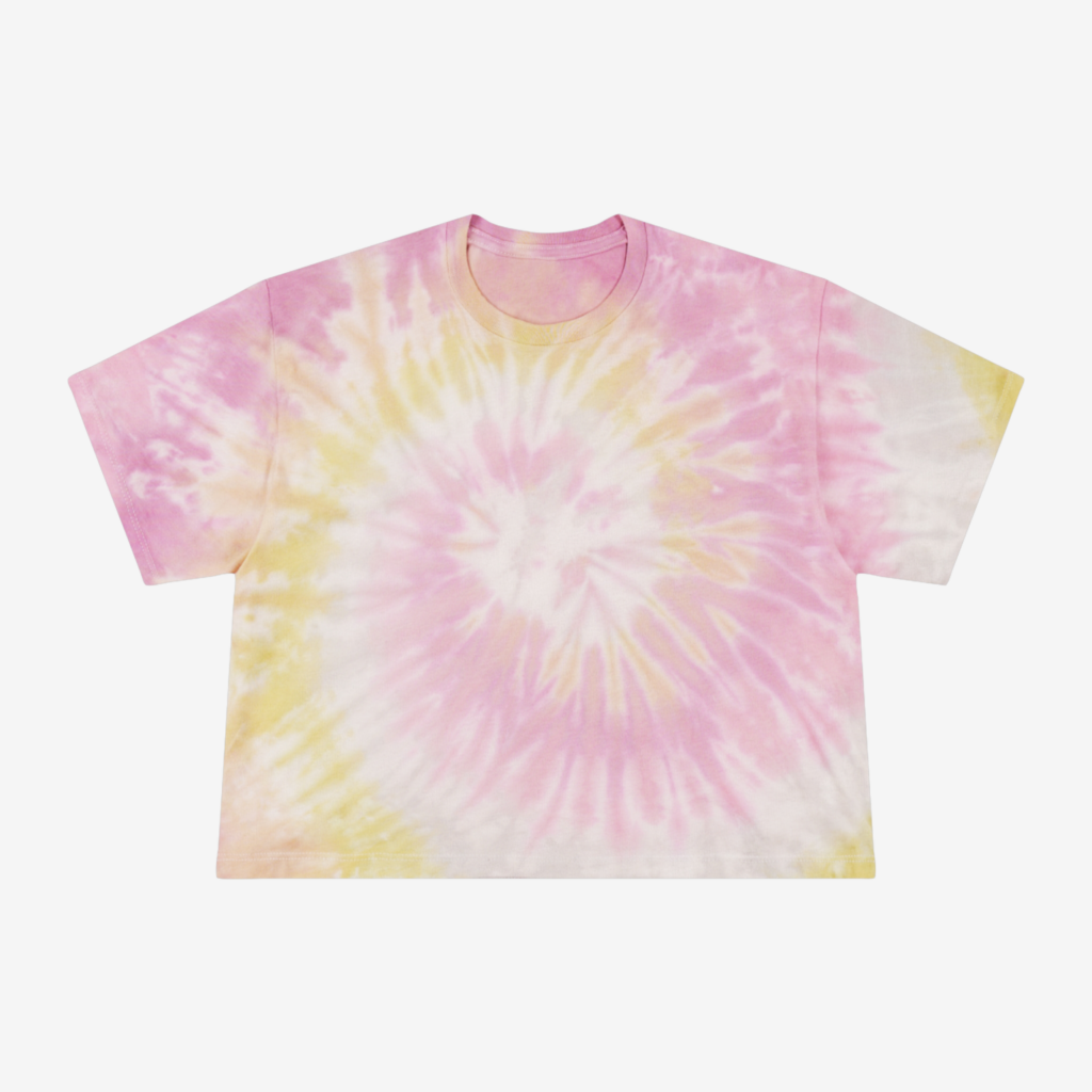 Pale pink, yellow, and gray tie-dye t-shirt.