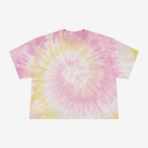 Pale pink, yellow, and gray tie-dye t-shirt.