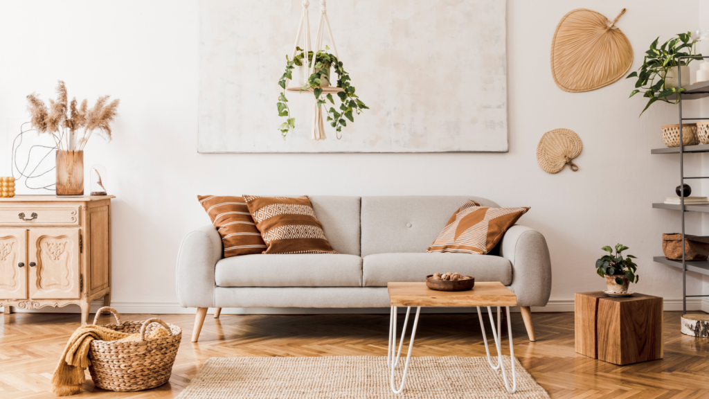 An example of home decor used within a room with a wood and white color interior, and some green plants.