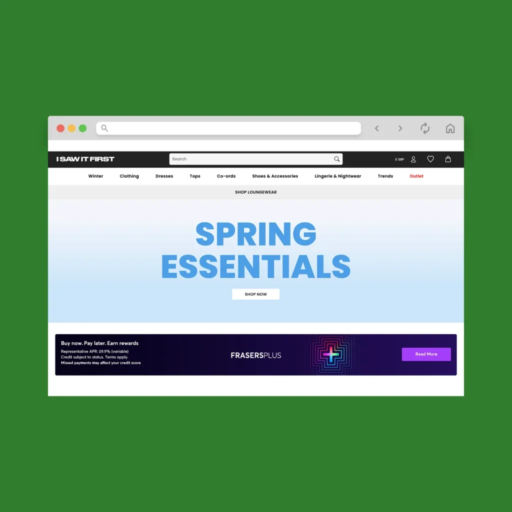 I SAW IT FIRST homepage hero section screenshot mockup as a Shopify clothing store example.