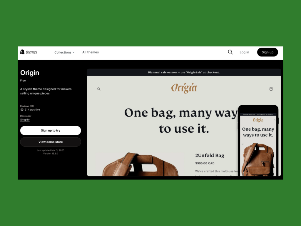 A screenshot of the Origin theme landing page.
