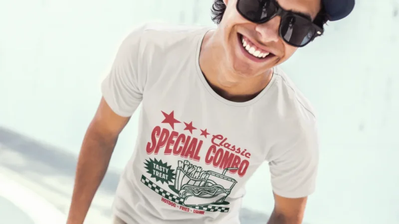 A smiling young man in sunglasses and a cap is wearing a white “Special combo” fast-food-themed t-shirt.