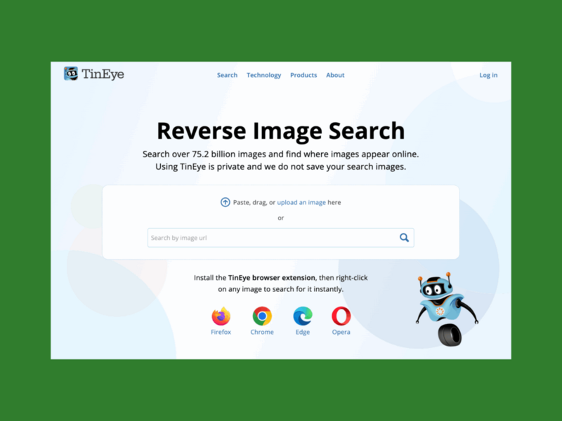 A screenshot of the landing page of the Tin Eye landing page.