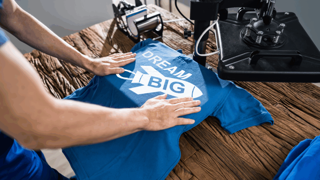 A man operates a 3D printer, creating a custom t-shirt design in a modern workshop setting.