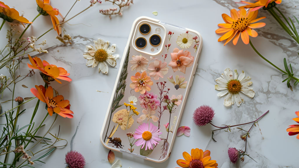 A floral phone case featuring vibrant flowers with a prominent flower design on its surface.