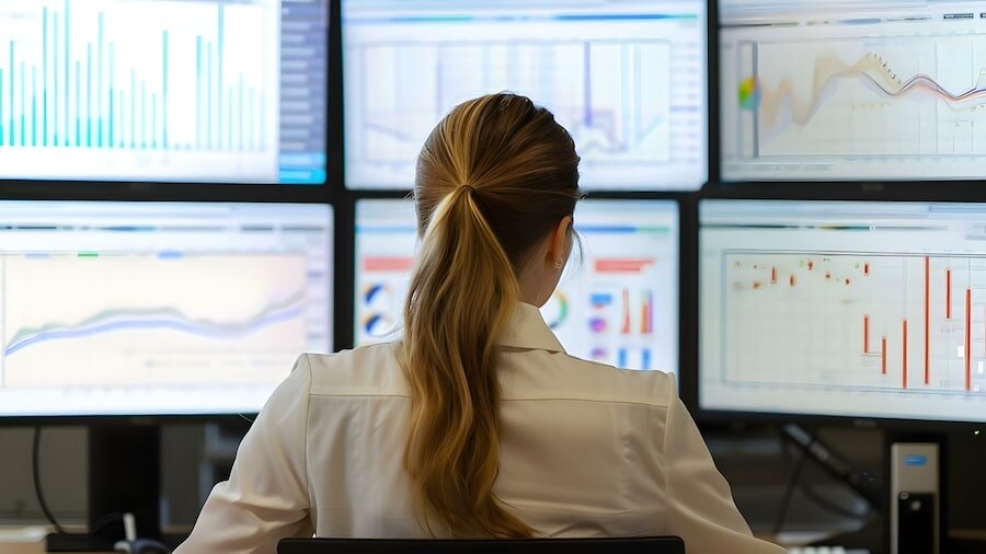 A woman sitting in front of a bunch of monitors.