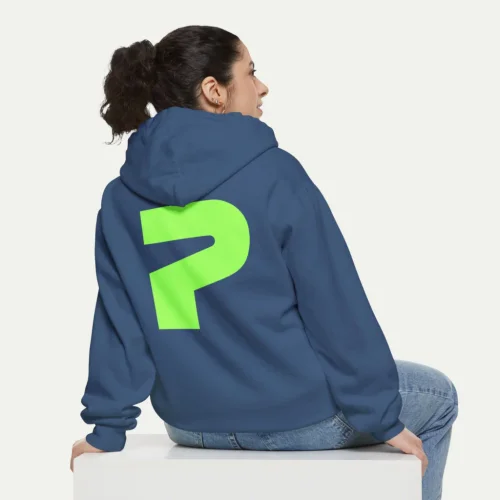 A mockup of a hoodie from the Printify catalog showing the back logo placement.