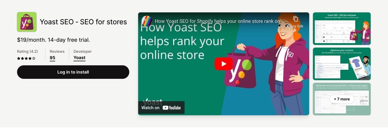 Yoast SEO Shopify SEO app screenshot from the Shopify app store.