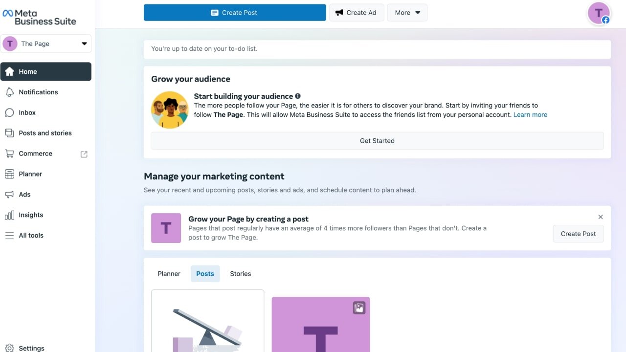A Meta Business Suite interface with main Home page.