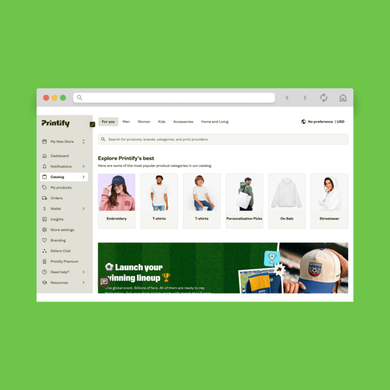A screenshot mockup showing Printify’s catalog and products in the user account menu.