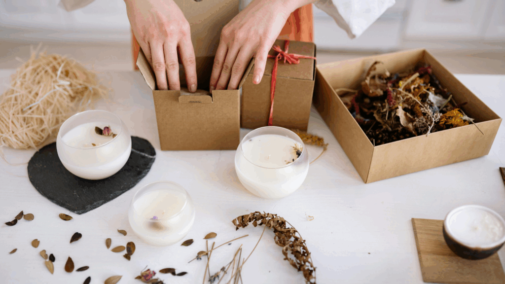 A woman is opening a box filled with various scented candles, revealing their colorful packaging.