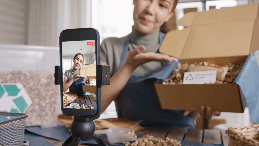 A young woman is presenting a product during a livestream using a mobile phone.