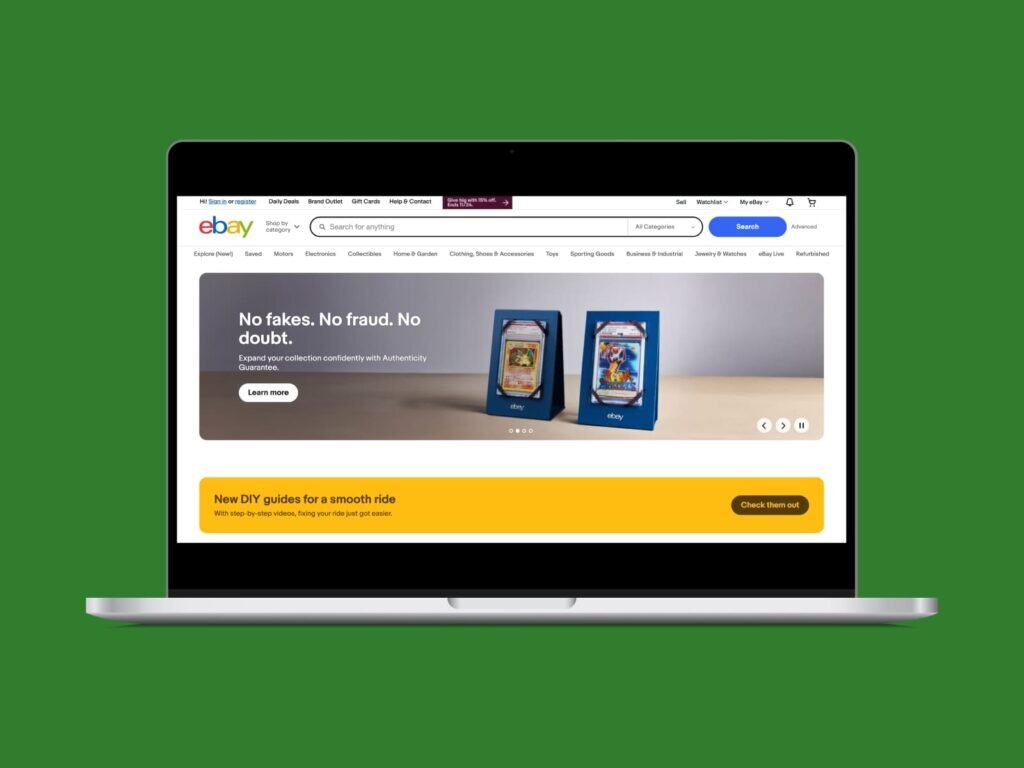 A screenshot of the eBay homepage on a laptop screen with a green background.